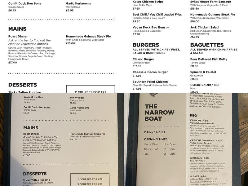 The Narrow Boat Menu
