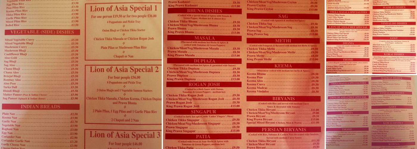 LION OF ASIA Menu