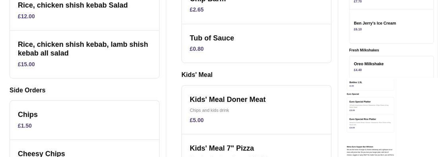 Euro Supper Bar Whiston Menu