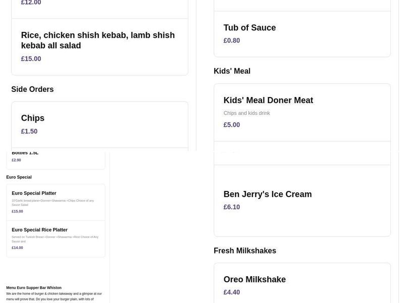 Euro Supper Bar Whiston Menu
