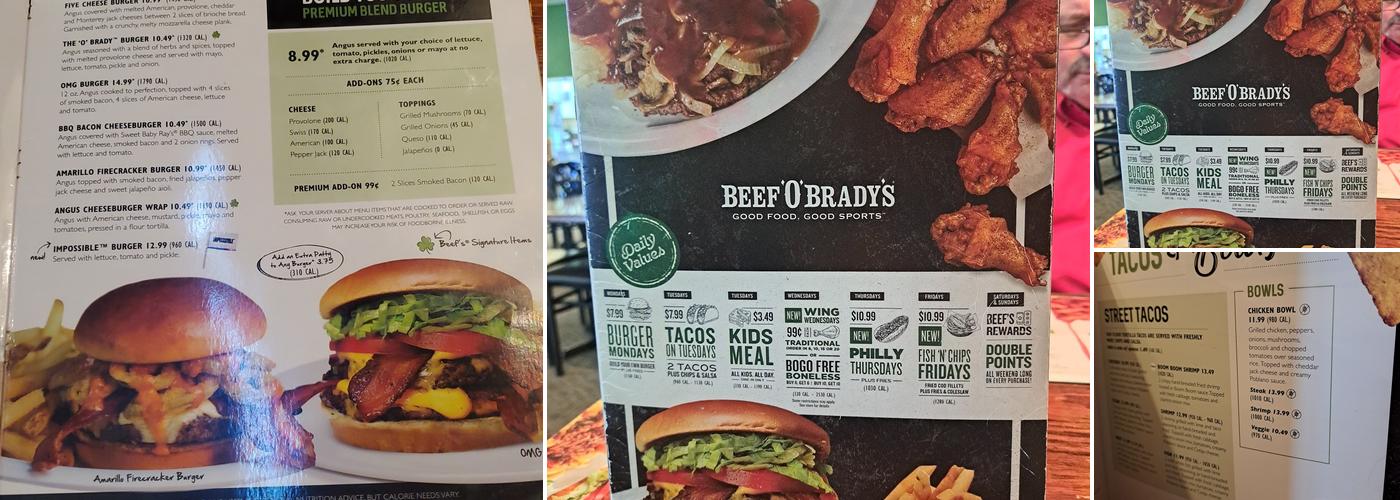 Beef 'O' Brady's Menu