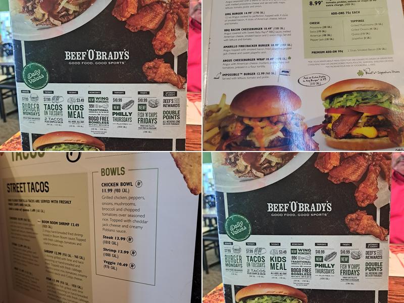 Beef 'O' Brady's Menu