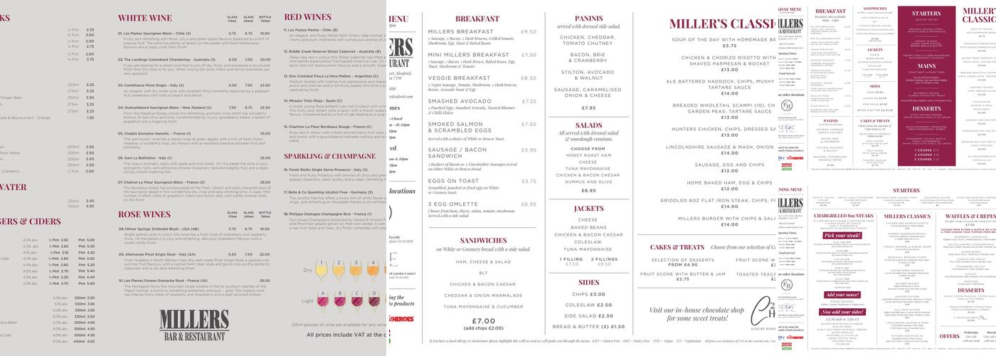 Millers Bar & Restaurant Menu
