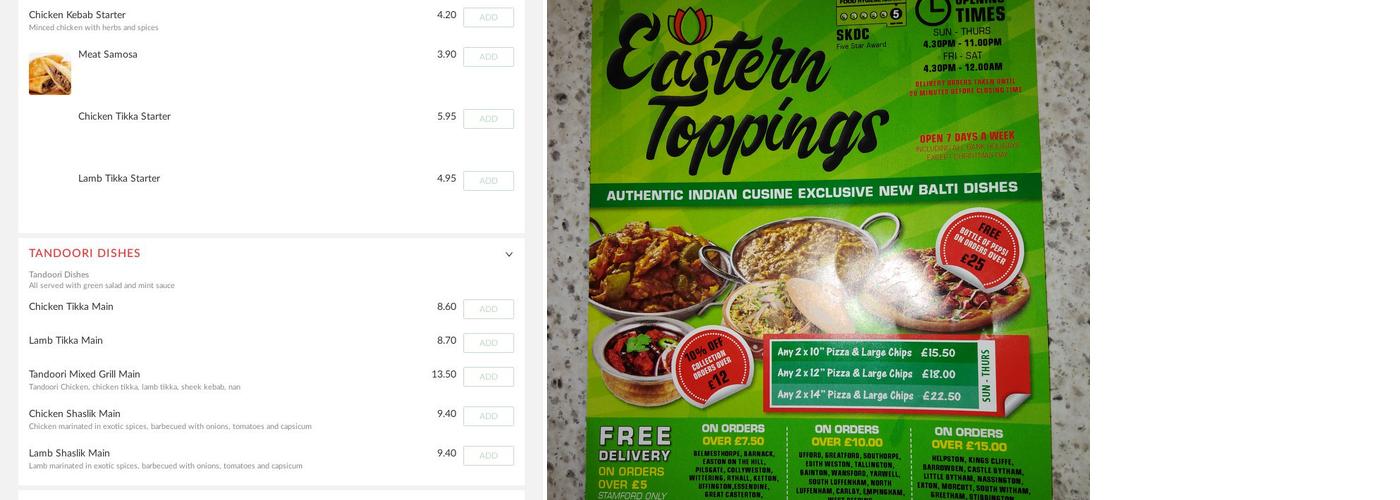Eastern Toppings Menu