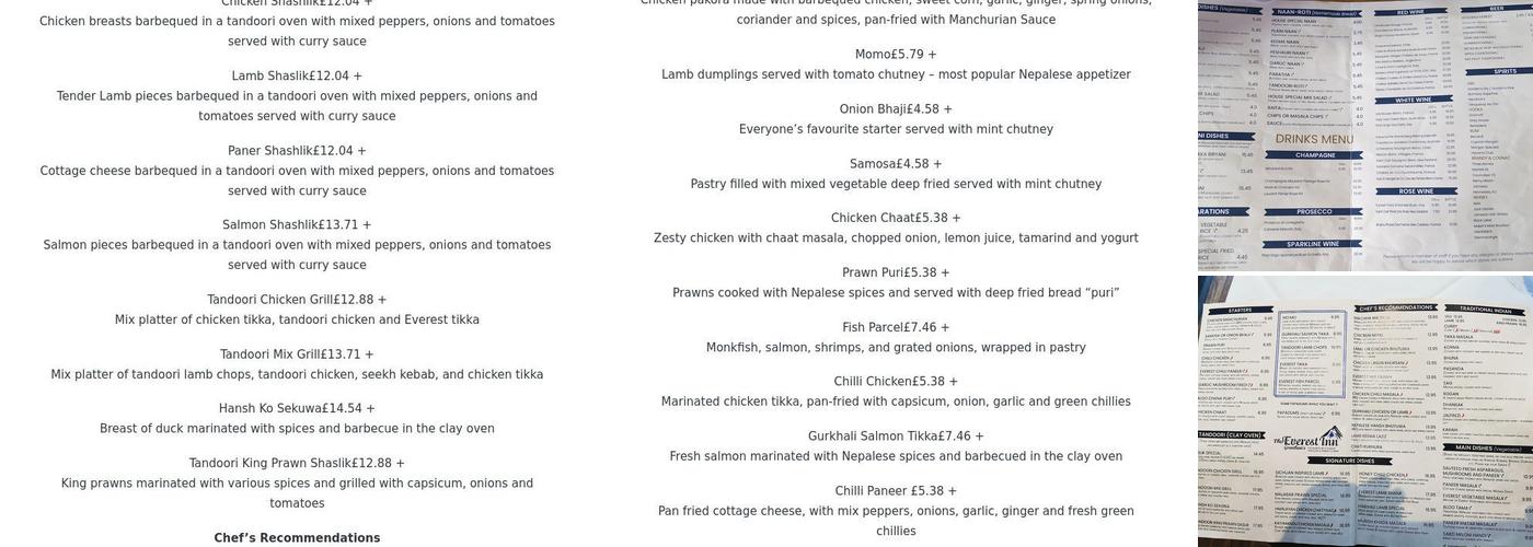 Everest Inn Grantham Menu
