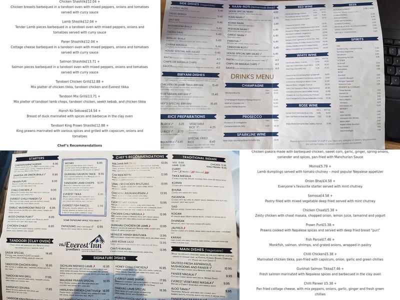 Everest Inn Grantham Menu
