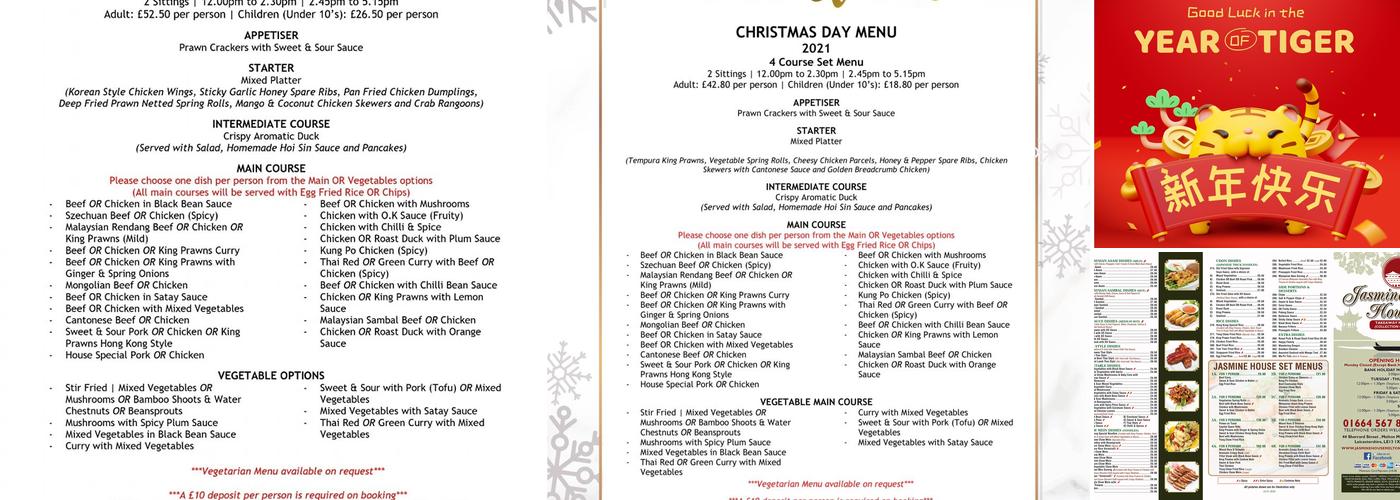 Jasmine House, Melton Mowbray Menu