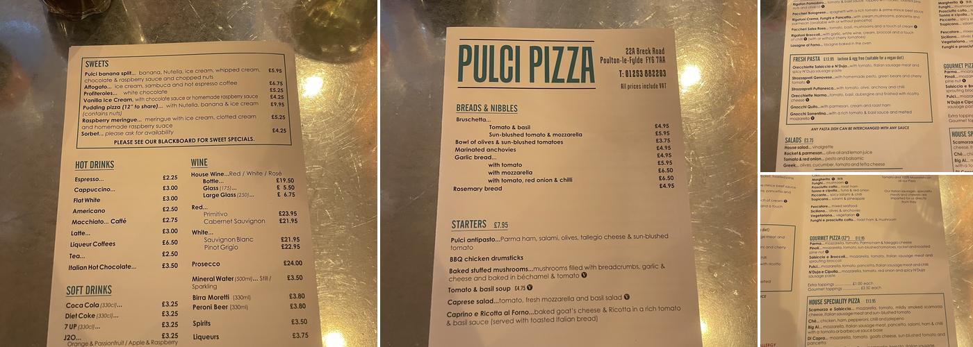Pulci Pizza Menu