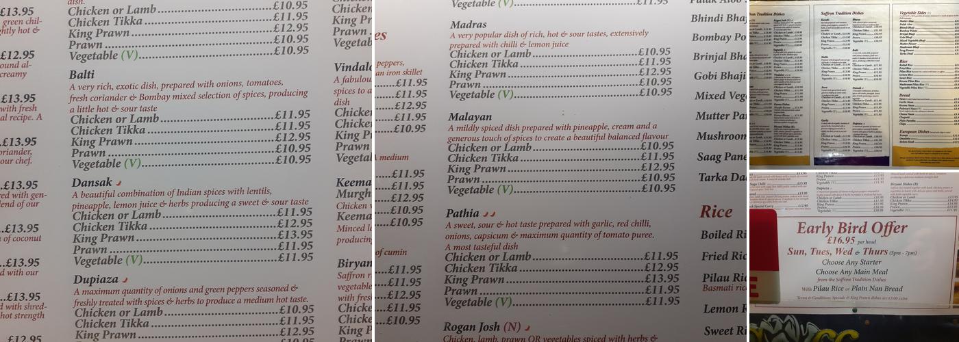 Saffron Ltd Menu