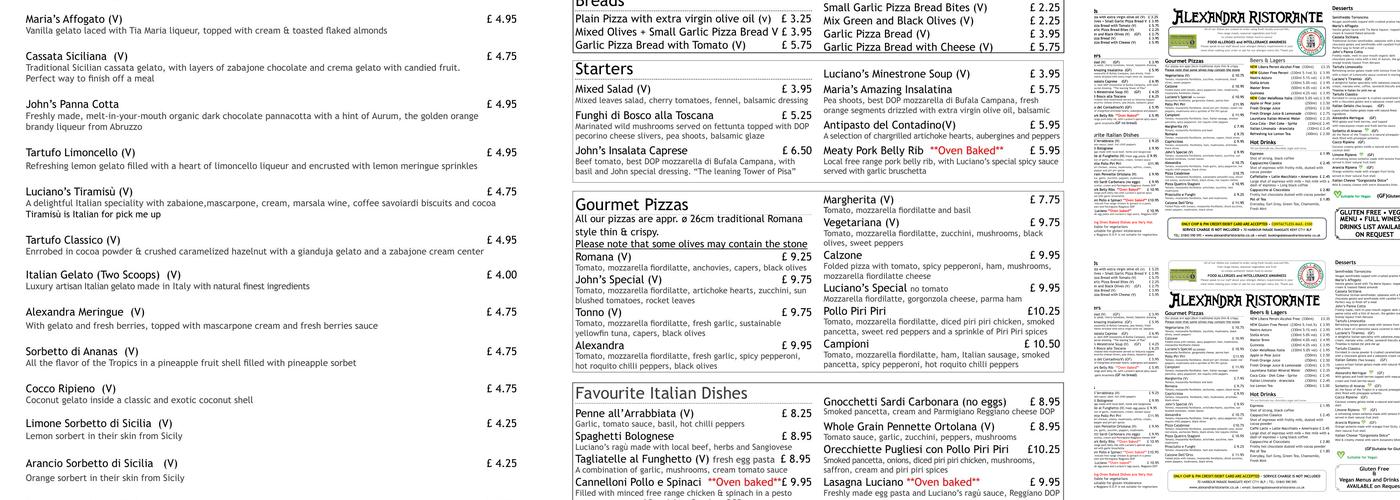 Alexandra Ristorante Italiano Menu