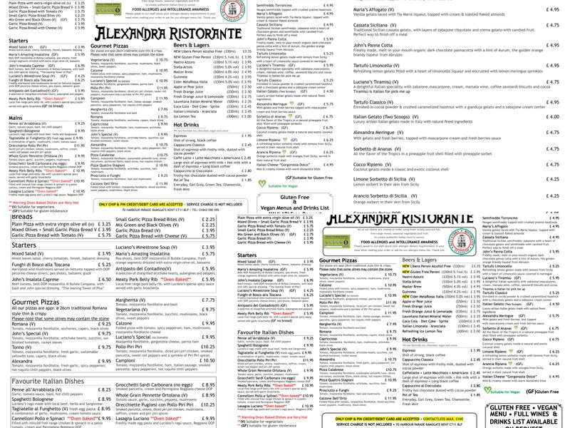 Alexandra Ristorante Italiano Menu