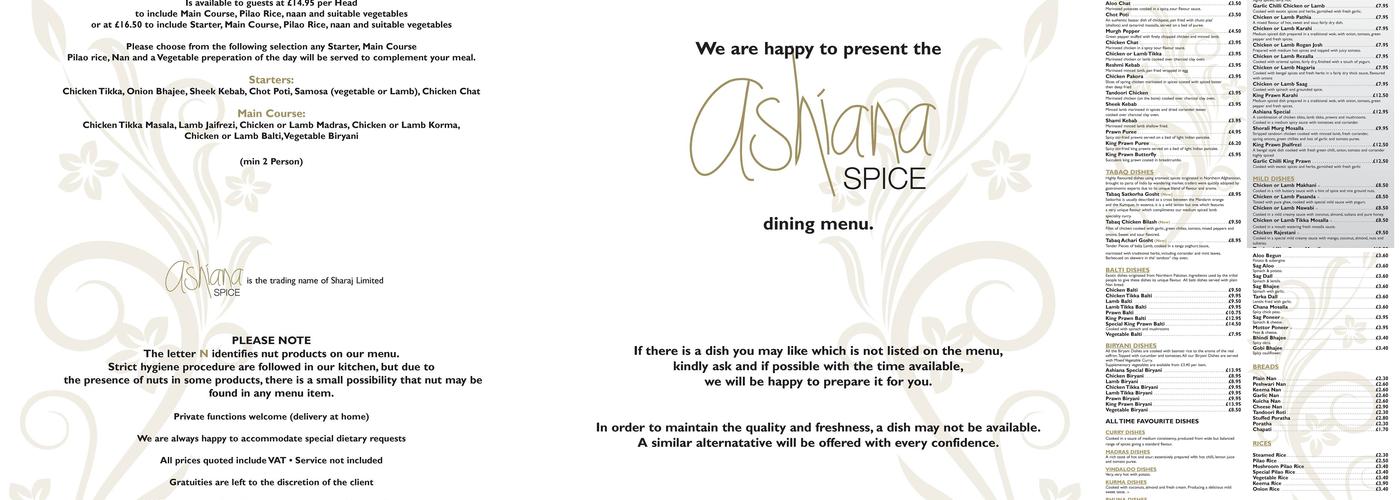 Ashiana Spice Menu