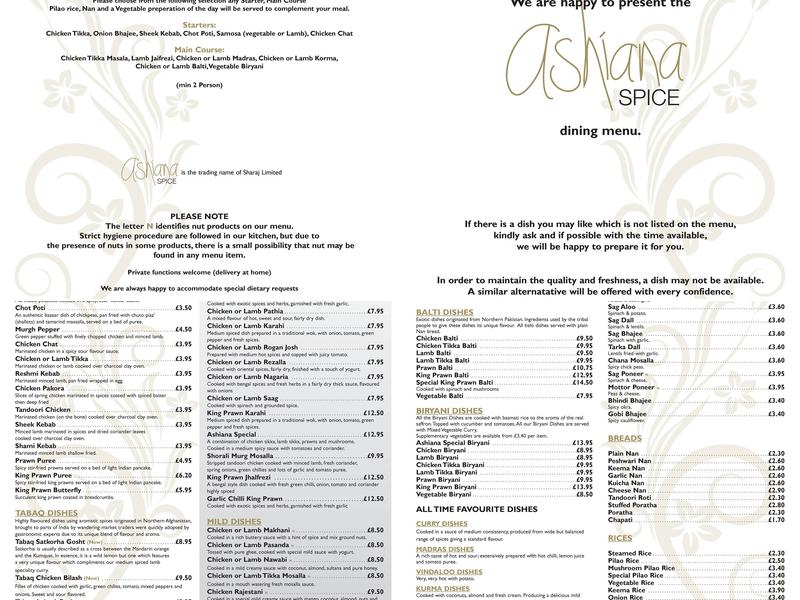 Ashiana Spice Menu