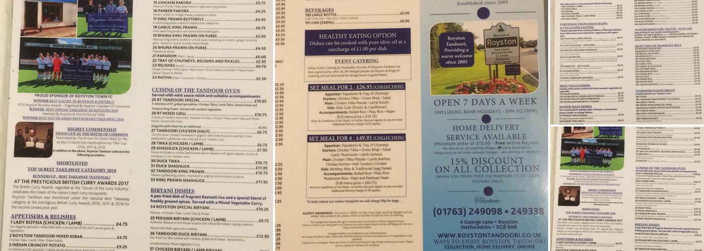 Royston Tandoori Menu