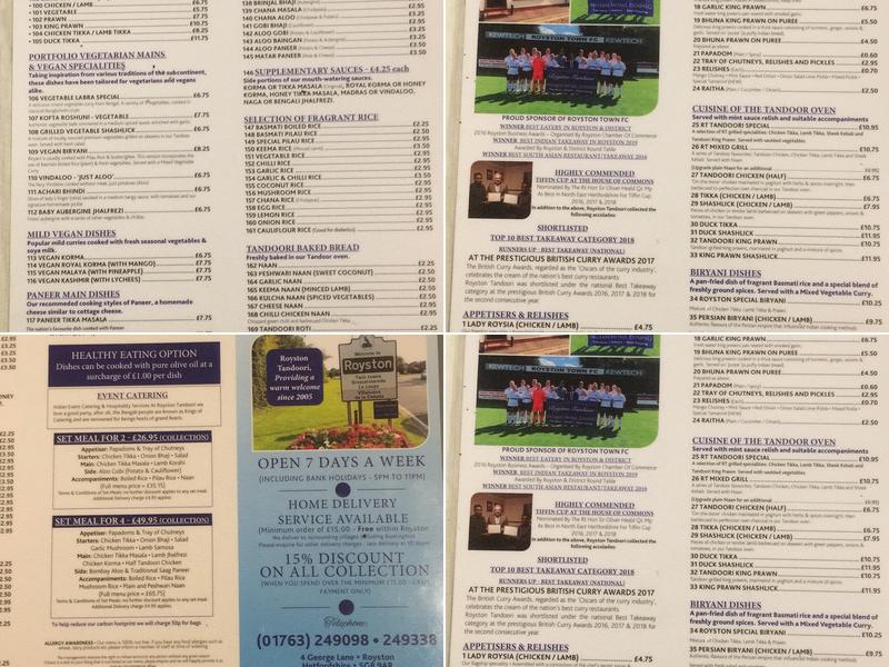 Royston Tandoori Menu