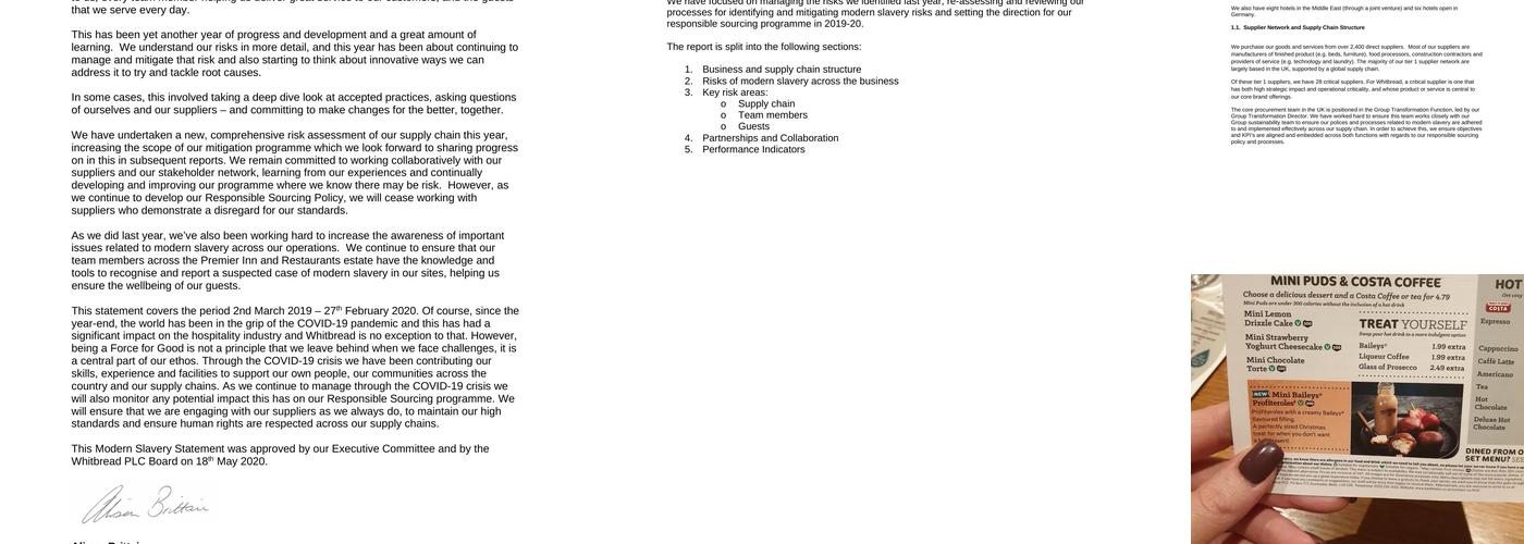 Premier Inn Ware hotel Menu