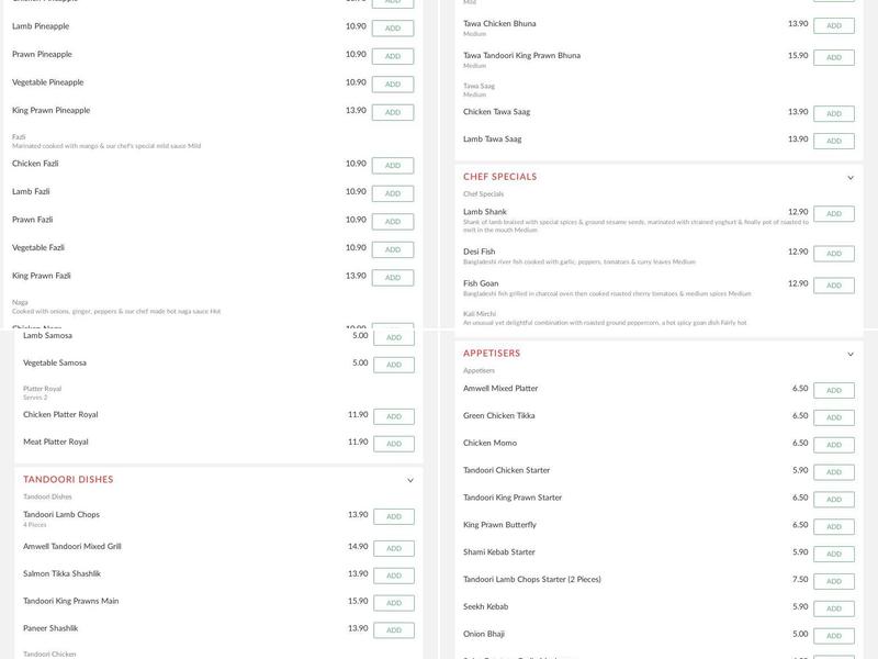 Amwell Tandoori Menu