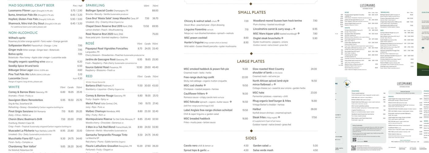 Lussmanns Sustainable Kitchen & Bar - Hertford Menu