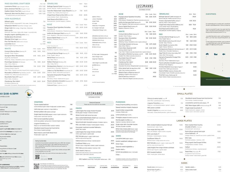 Lussmanns Sustainable Kitchen & Bar - Hertford Menu