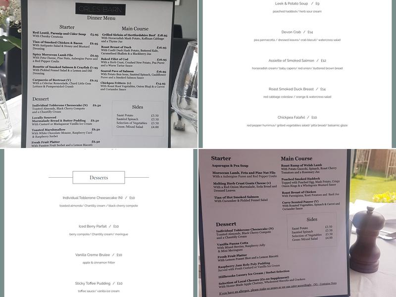 Orles Barn Hotel Menu