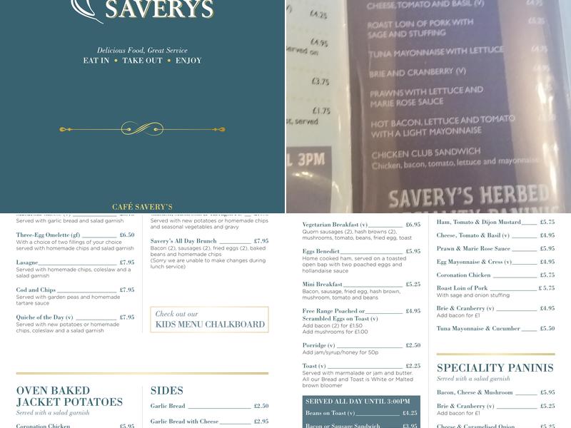 Saverys Licensed Cafe Menu