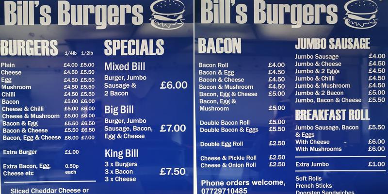 Bill's Burgers Menu
