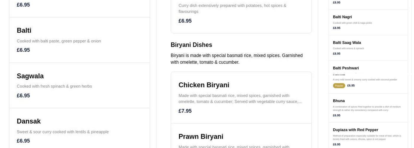 Stubbins Tandoori Menu