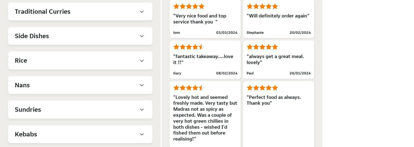 Eastern Balti Chef Menu