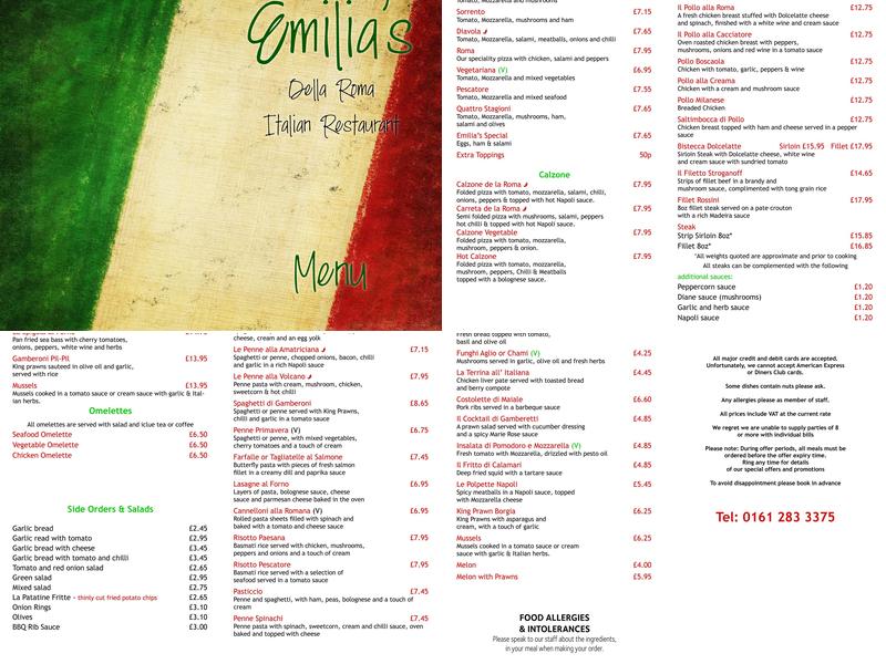 Emilia's Della Roma Menu
