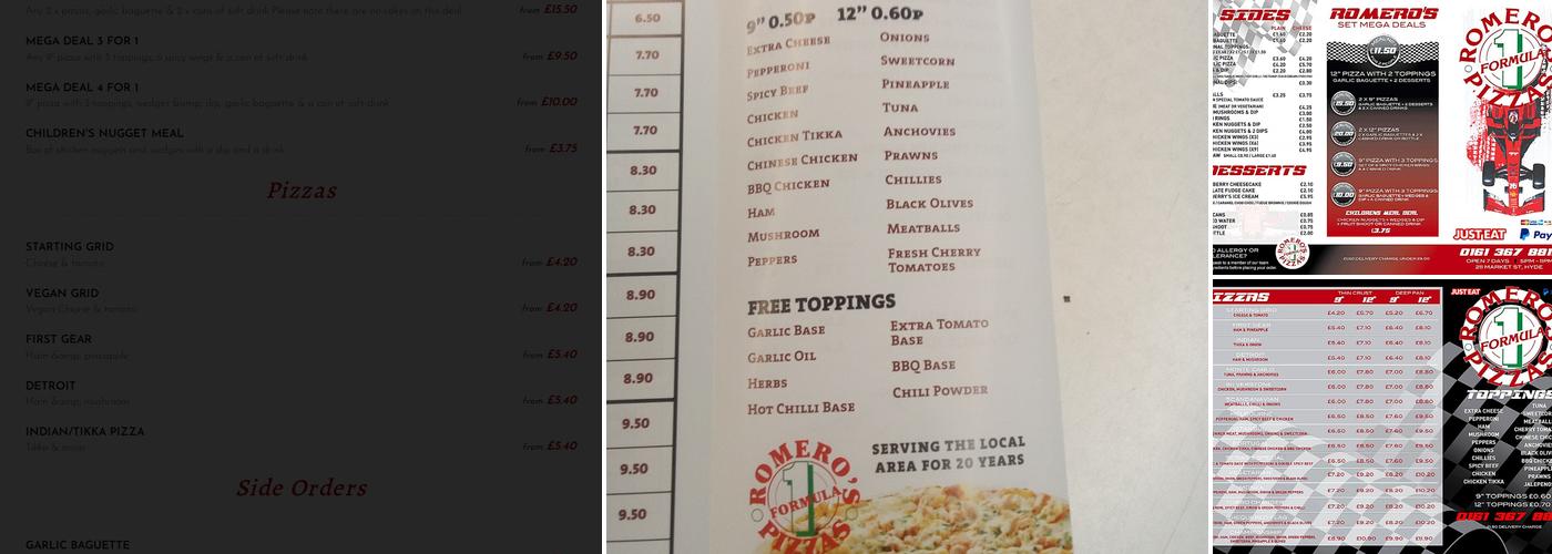 Romero's F1 Pizzas Menu