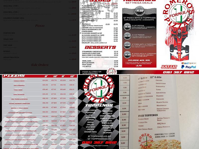 Romero's F1 Pizzas Menu