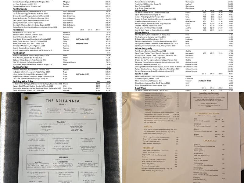 The Britannia Menu