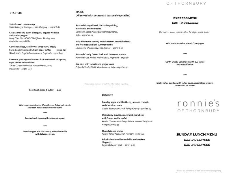 Ronnie's of Thornbury Menu