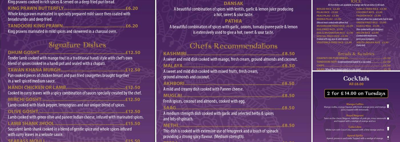 Royal Raj Winterbourne Menu