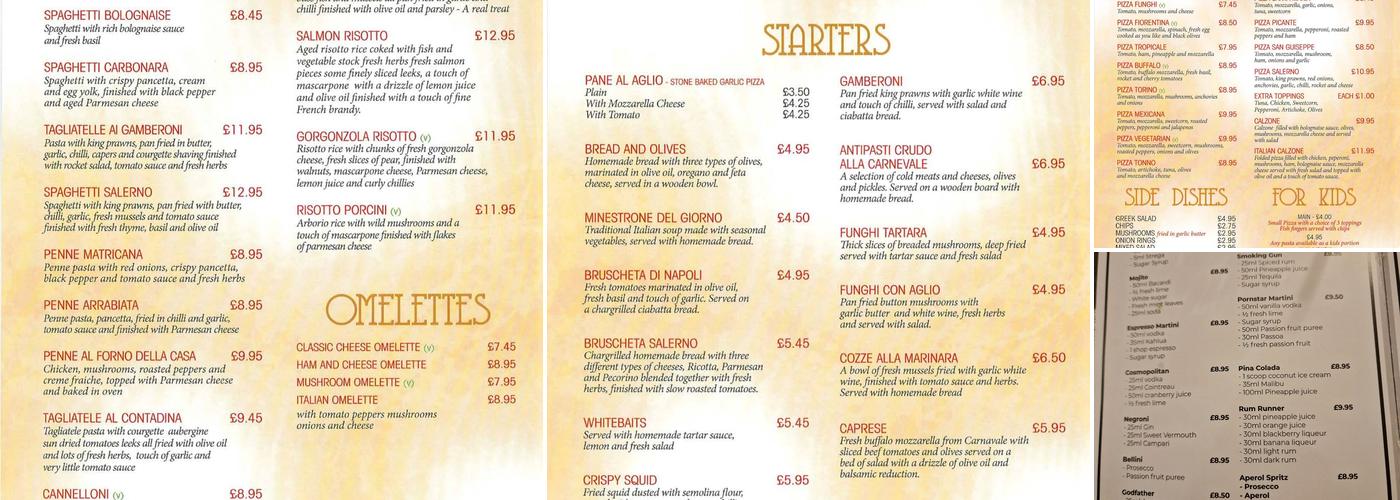 Salerno Tewkesbury Ltd Menu