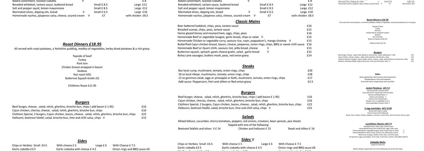 The Clothiers Arms Menu