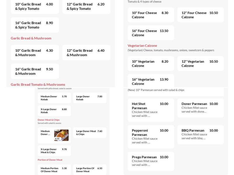 Prego Takeaway Menu