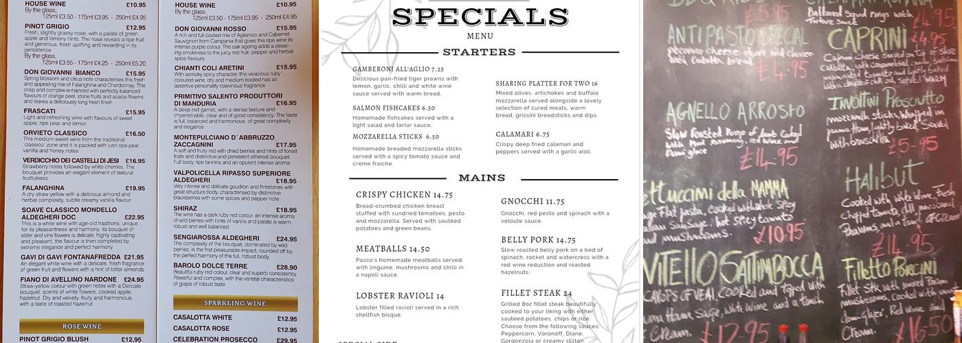 Pasco's Italian Menu