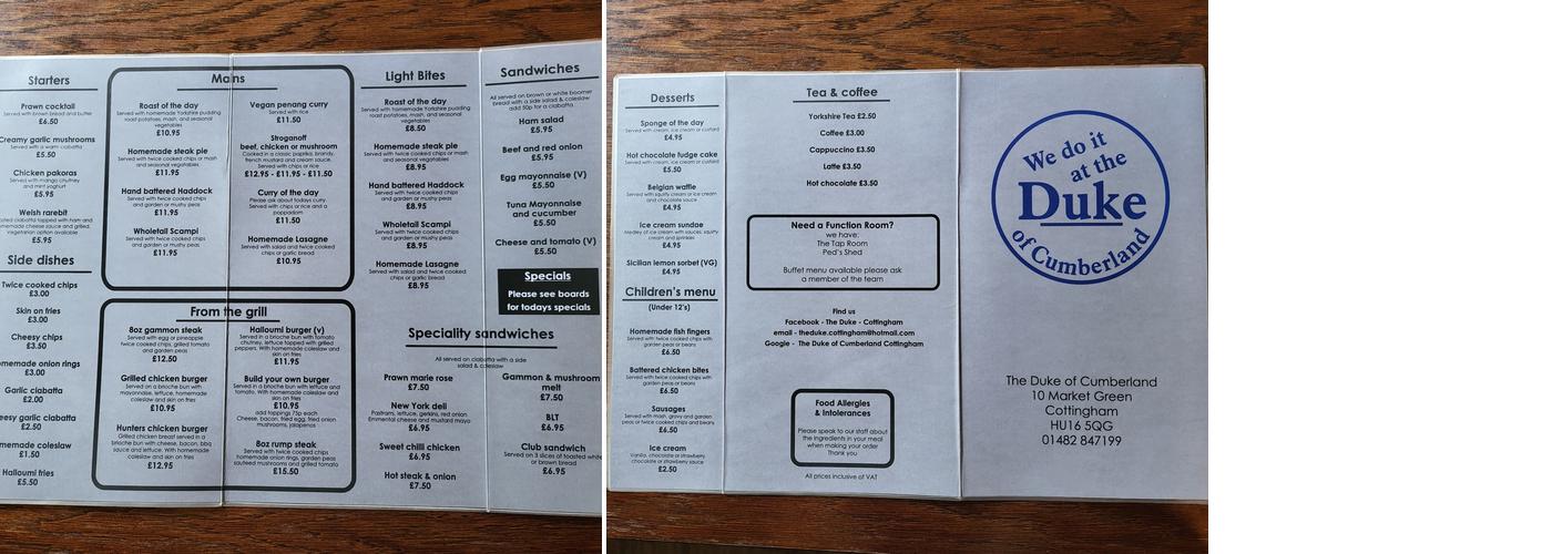Duke of Cumberland Menu
