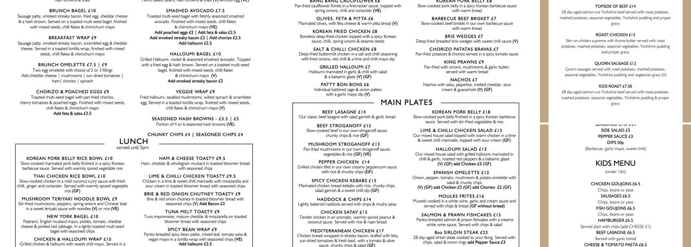 Sleepers Bar & Kitchen Beverley Menu