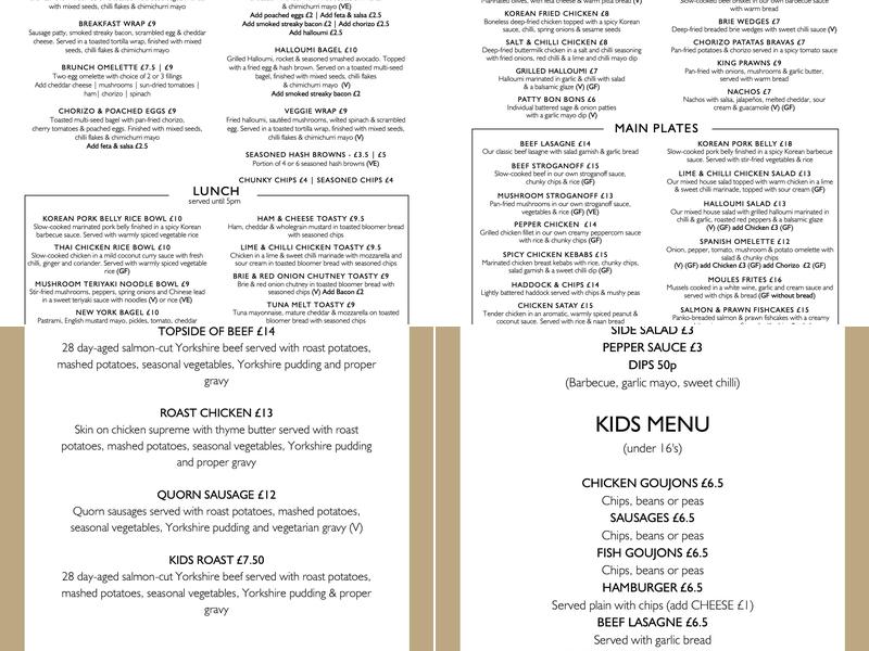 Sleepers Bar & Kitchen Beverley Menu