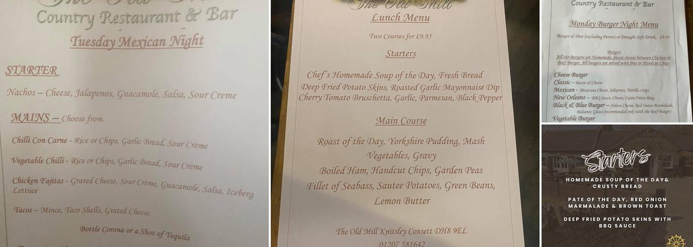 The Old Mill - Knitsley, Consett Menu