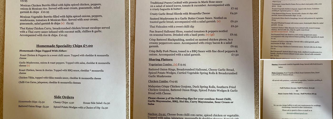 Derwent Walk Inn Menu