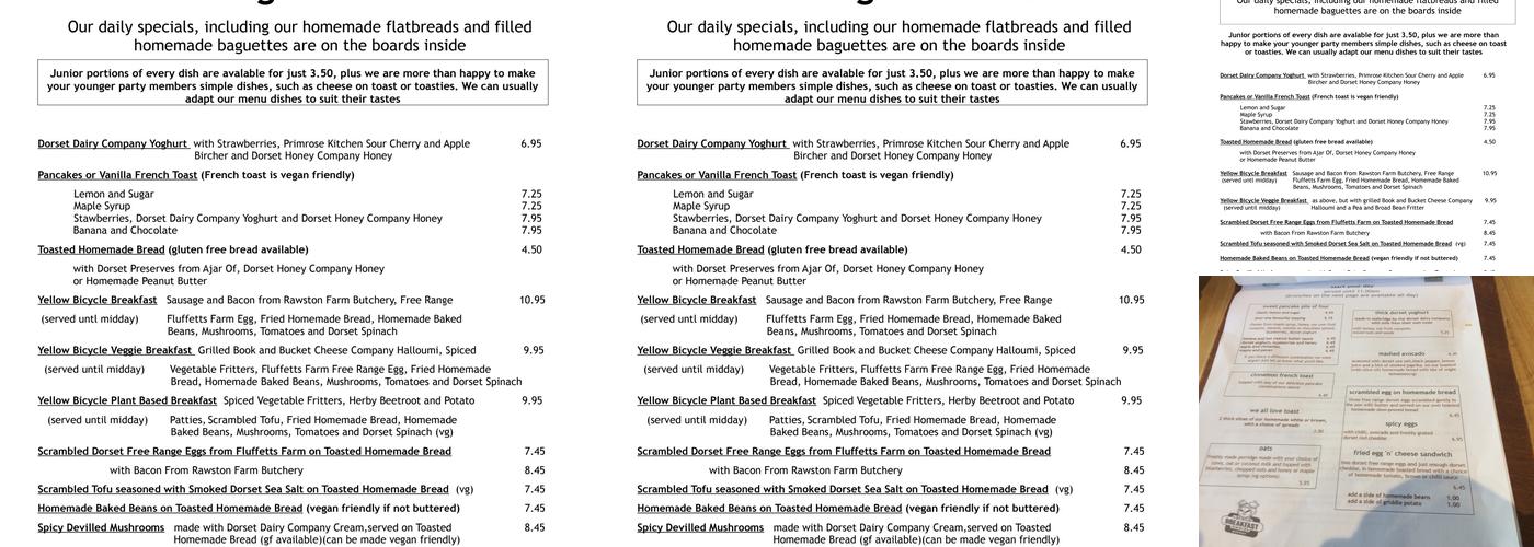 Yellow Bicycle Cafe and Deli Menu