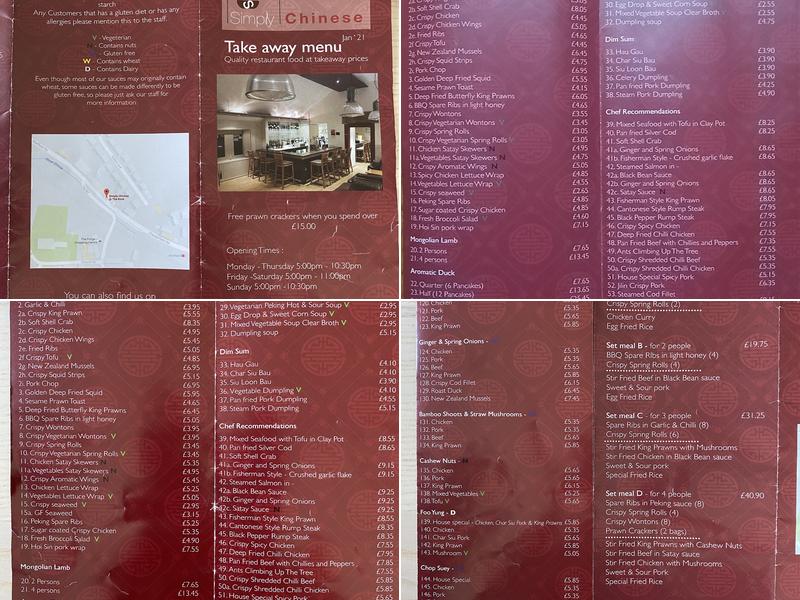 Simply Chinese Dronfield Menu