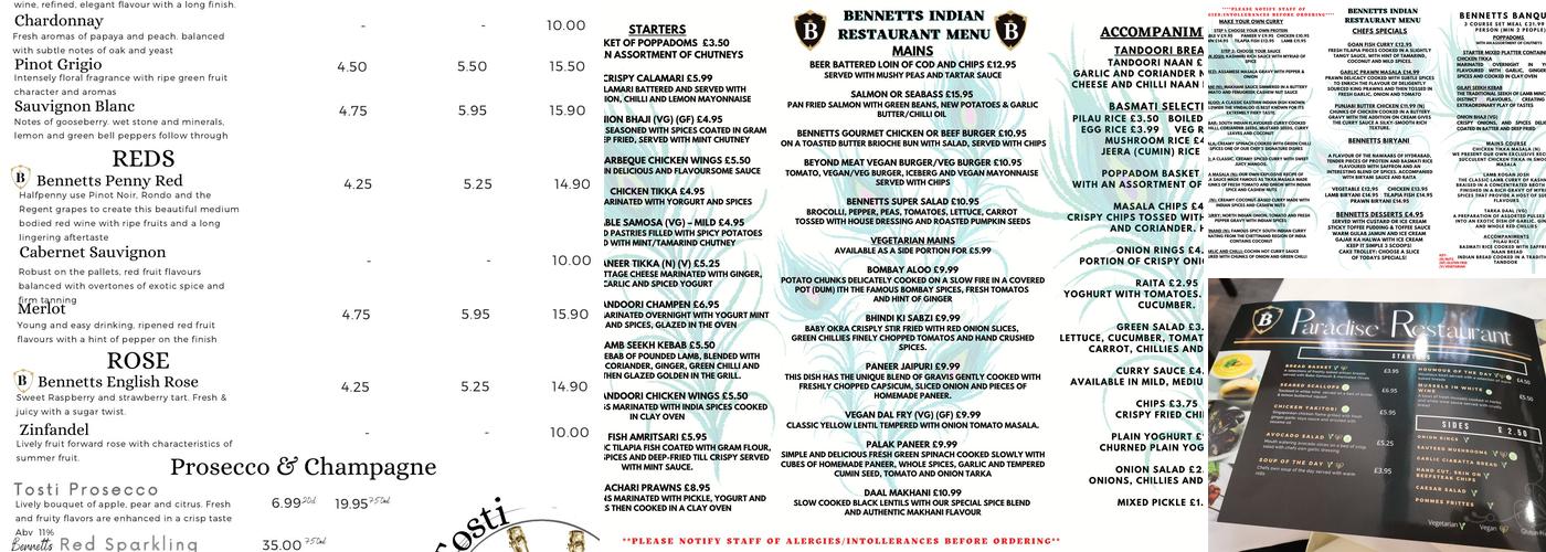 Bennetts Hotel, Restaurant and Bar Menu