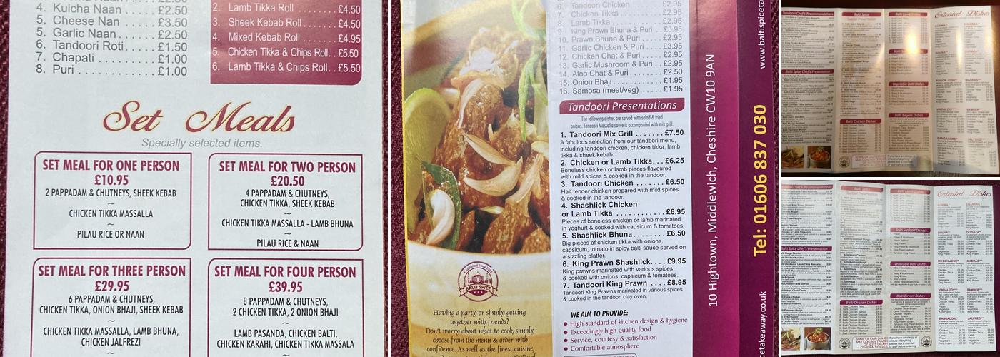 Balti Spice Take Away Menu