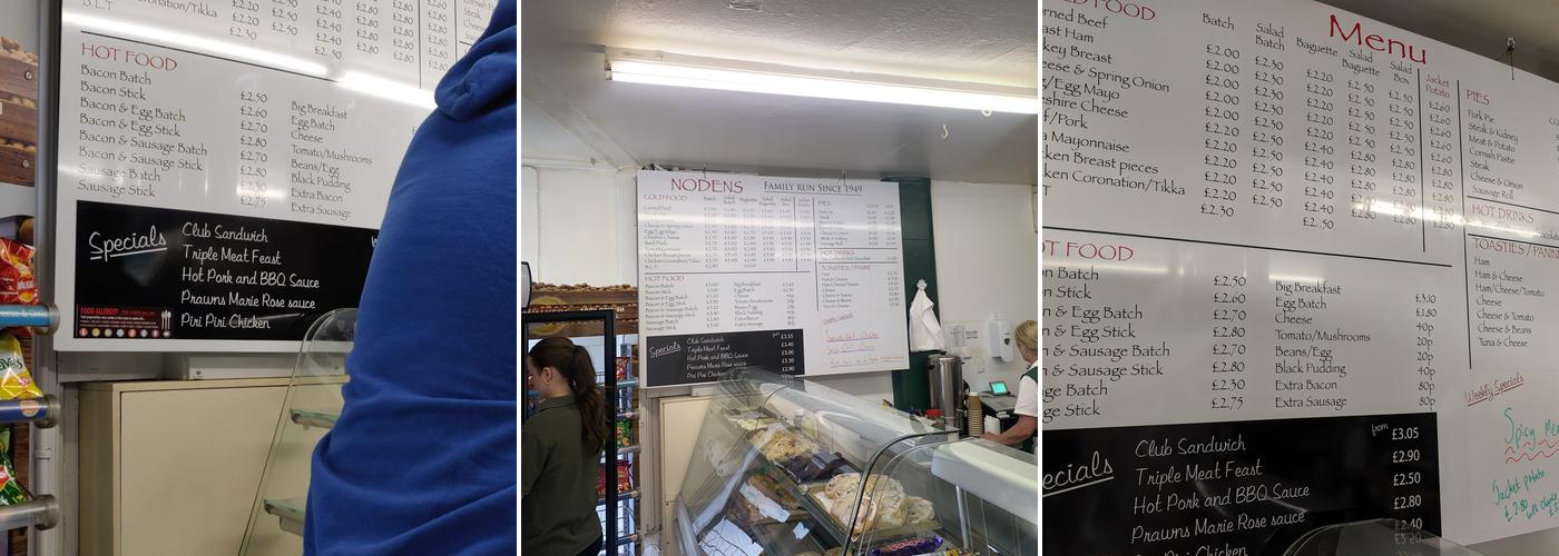 Nodens Sandwich Shop Menu