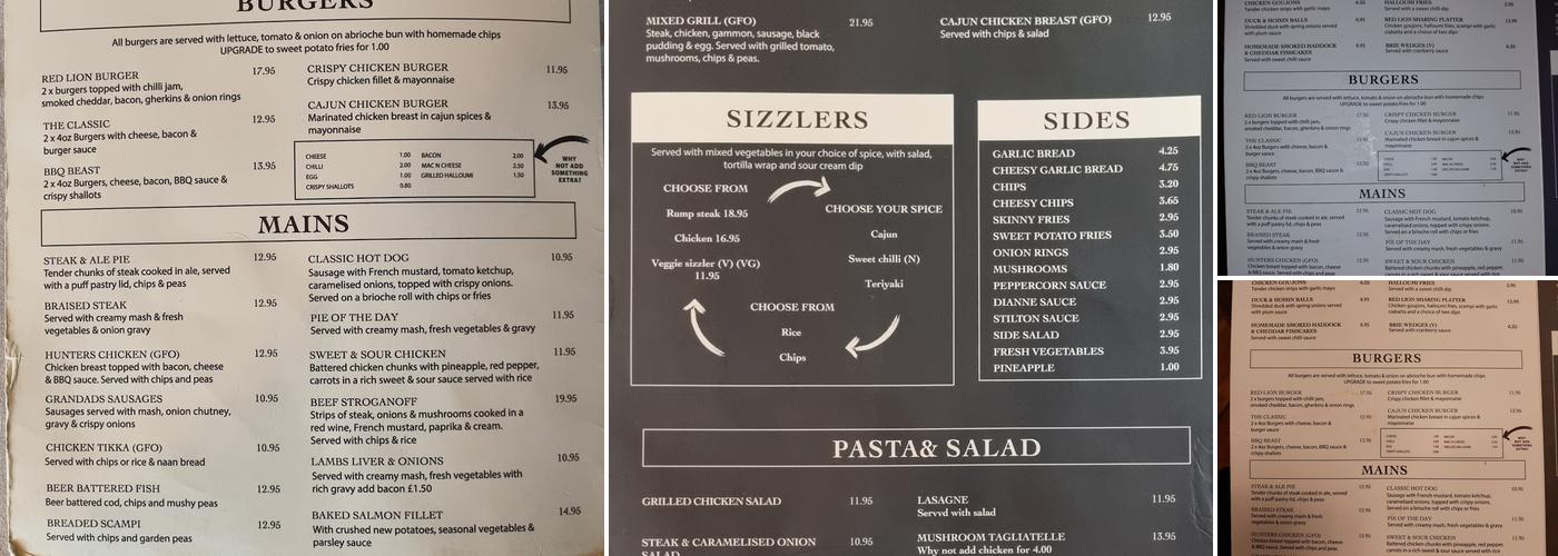 The Red Lion, Winsford Menu