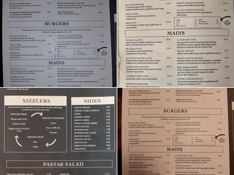 The Red Lion, Winsford Menu